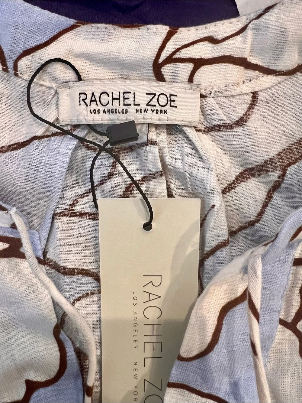 Rachel Zoe Linen Blend Floral Print Peasant Blouse Blue Cream Puff Sleeve Chic M - Picture 7 of 8